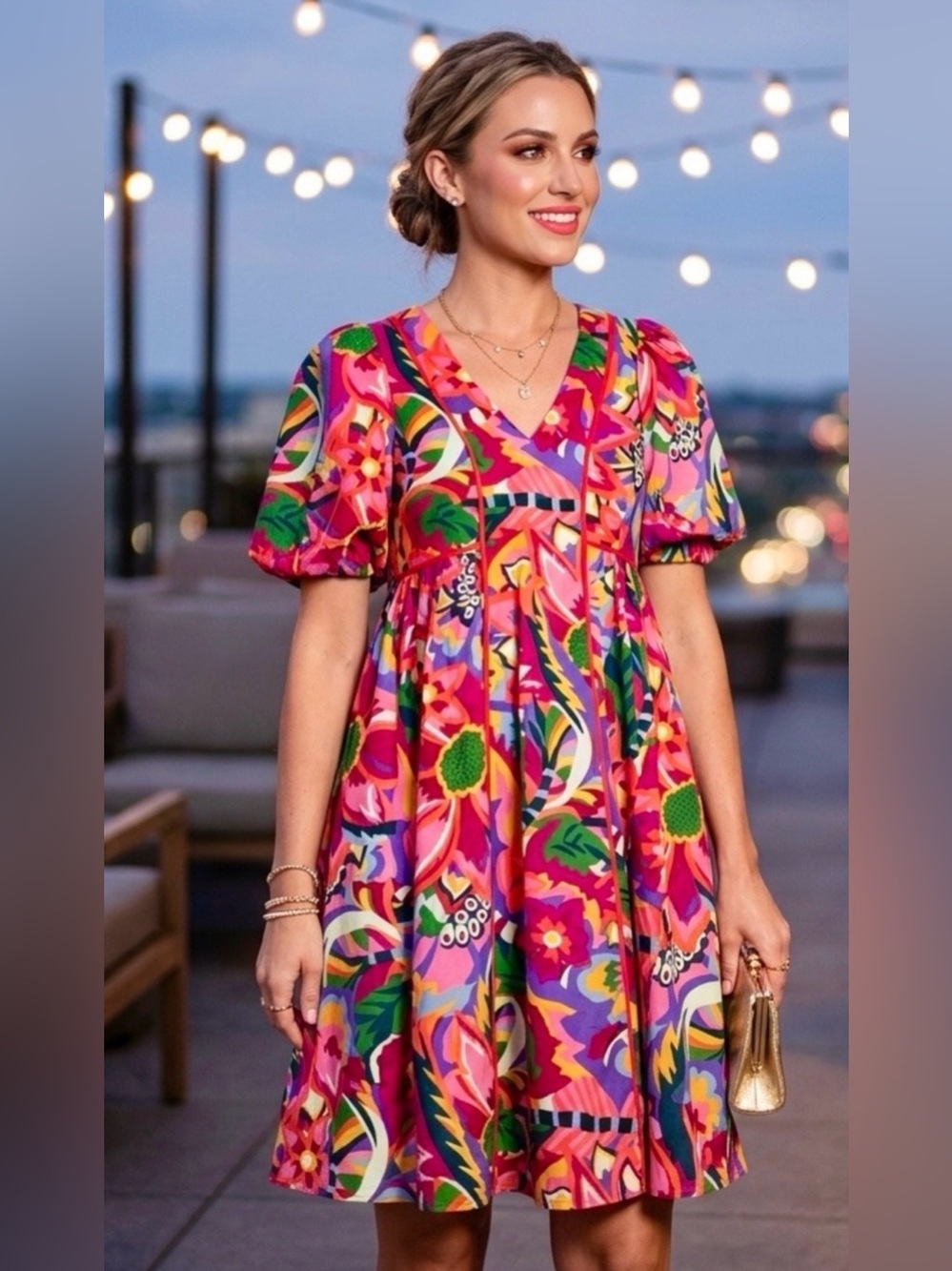 CROSBY by Mollie Burch Tropical Print Puff Sleeve Linen Dress w/Pockets- XS